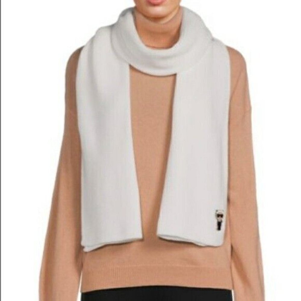 NWT KARL LAGERFELD PARIS METALLIC LOGO RIBBED WHITE LONG SCARF